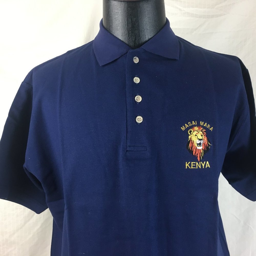 Masai Mara Kenya Navy Polo Shirt Embroidered Lion